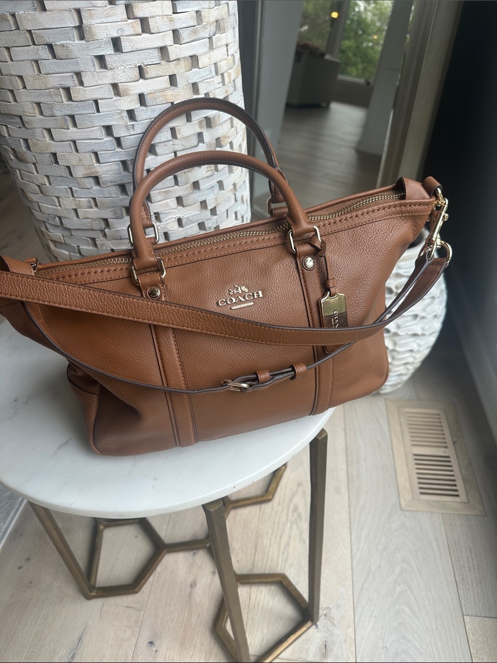 Coach Central Satchel Pebbled Leather in Cognac Brown